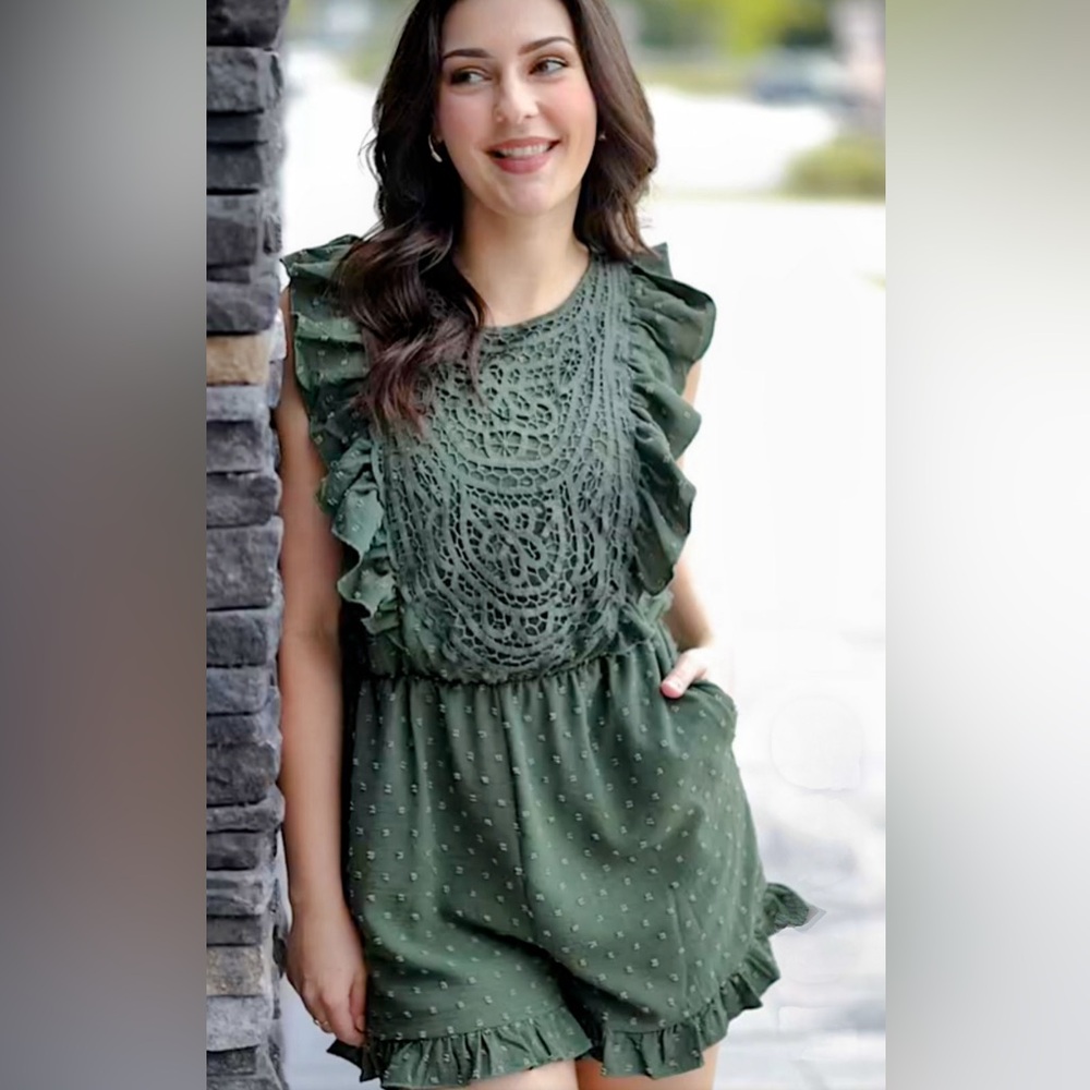 Women’s Cap Sleeve Romper in Olive Green Swiss Dot